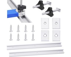 T-groefrail 400 mm - Aluminium rail M8/M6 schuiver - Montagerail voor T-profiel - Kunststof handgreep - 8 schroeven - Zilverkleurig - Montageset Bouwmaterialen - T-track voor Houtbewerking