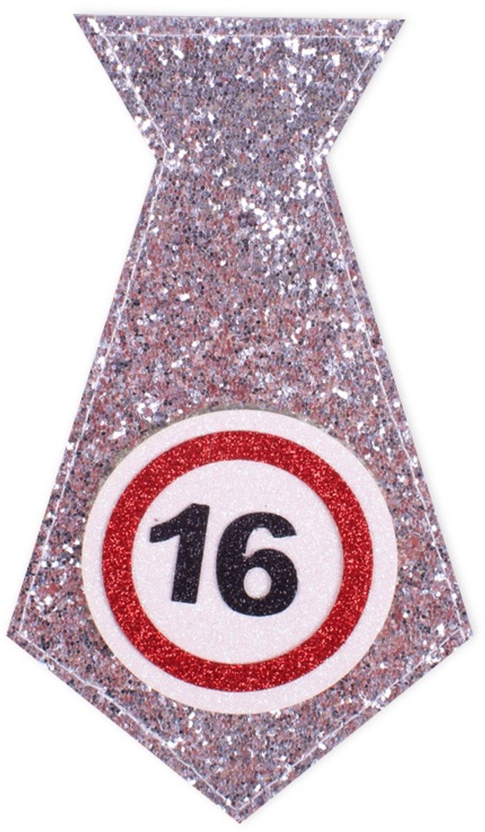 Polyester en PU glitterstropdas | verjaardag | wit | verkeersborden met cijfer 16
