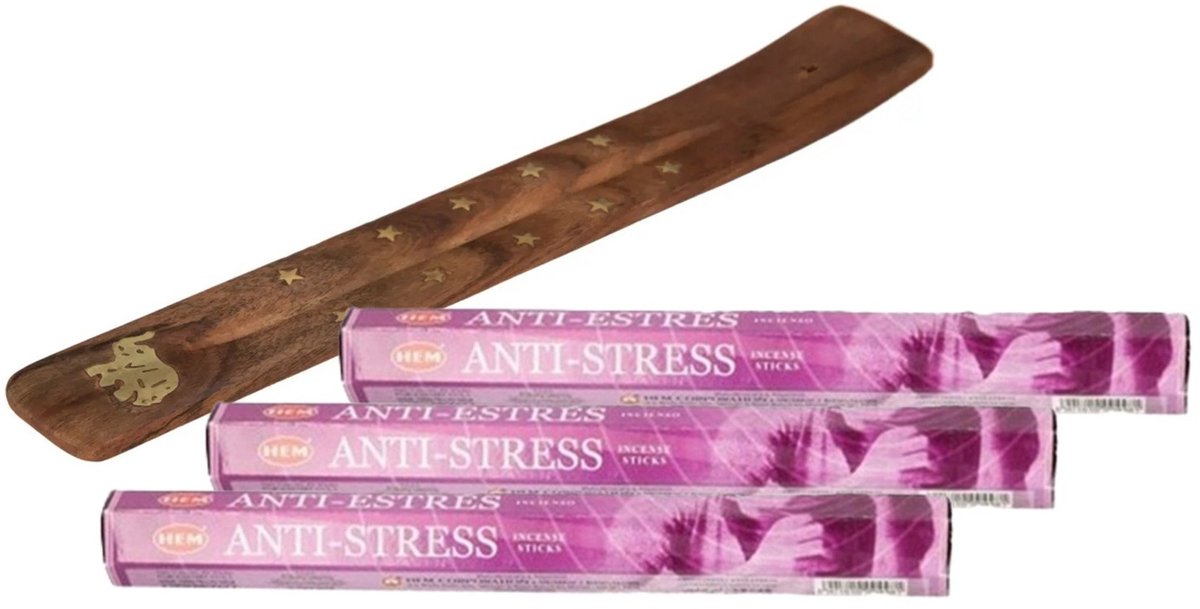 HEM Wierook stokjes in Anti Stress geuren mix - pak van 60x stokjes - 25 cm - met houder/plankje - huisgeuren - relaxing Camel bruin