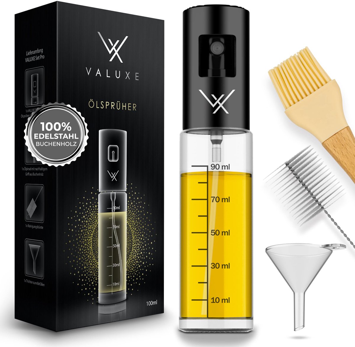 VALUXE® Olieverstuiver [ZWART ORIGINEEL] - Extreem precieze olieverstuiver van roestvrij staal en glas - Multifunctionele premium olieverstuiver - Coole keukengadgets voor bakolie - Olieverstuiver voor koken