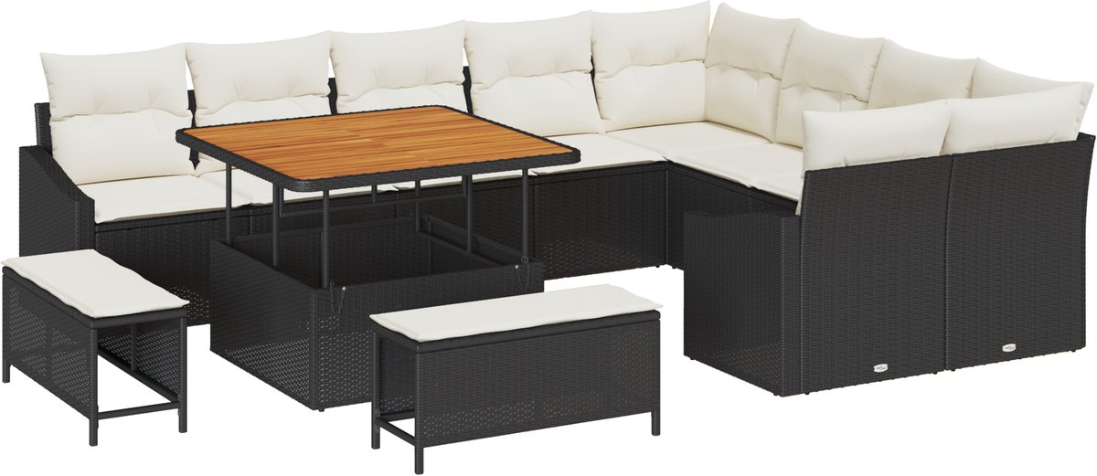 vidaXL - Tuinbank - Set - met - kussen - 12 - pcs - Zwart - poly - rattan