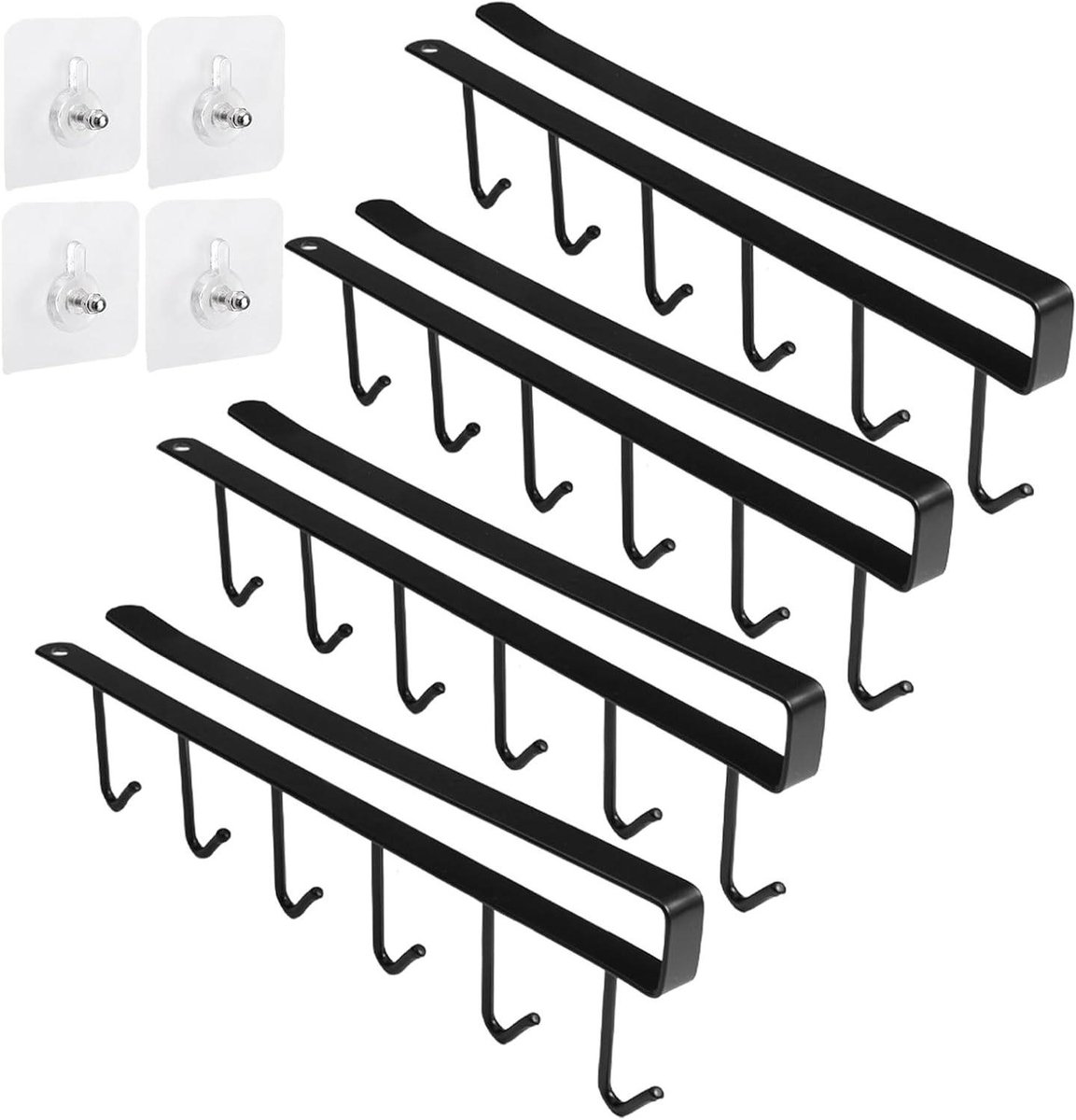 Allecto Plus - 4 stuks bekerhouders zonder boren - Ophangrek voor kopjes - Bekerhouders voor kasten - Metaal - Zwart