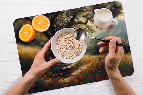 Placemats - 6 stuks - 45x30 cm - Placemat kunststof - Bankje - Boom - Klaprozen - Heuvels - Borden onderleggers - Decoratie voor op tafel - Keuken tafeldecoratie accessoires - Vinyl onderlegger - Tafelversiering