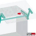 Gedetailleerde illustratie van een scharniersysteem met een rode pijl die de bewegingsrichting aangeeft.