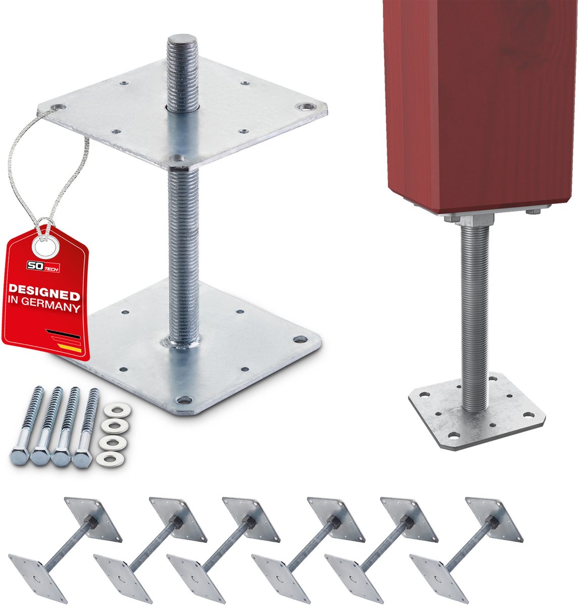 SOTECH set van 6 paaldragers 160 x 160 x 250 mm, M24-schroefdraad, thermisch verzinkt staal, in hoogte verstelbare anker, schroefvoet, weerbestendig