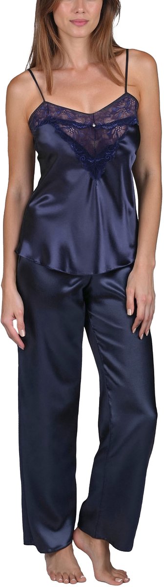 Vivisence Pyjama Set Satijn Verstelbare Bandjes Comfortabel Ideaal Voor Nachtkleding 2035, Donkerblauw,XL