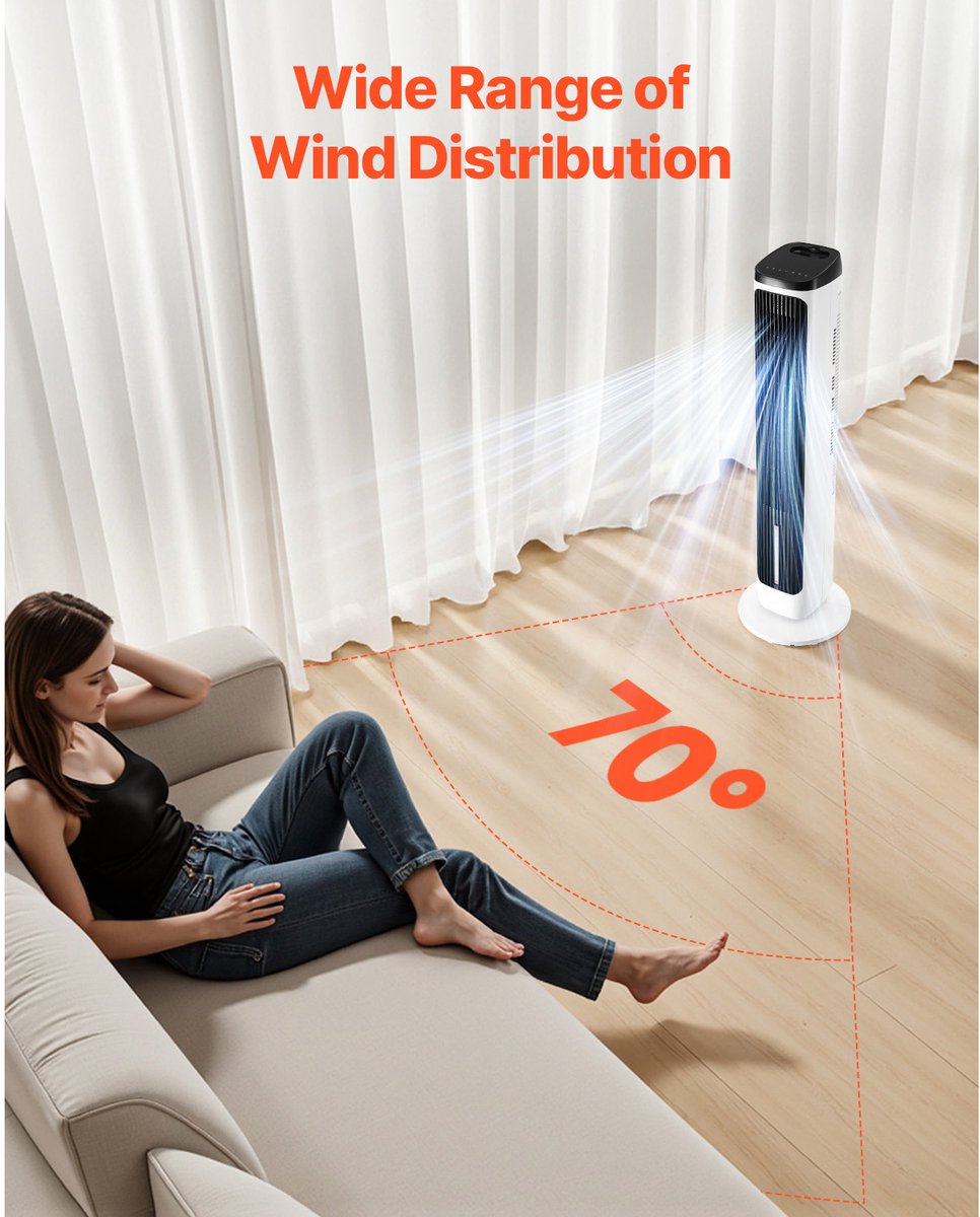 Torenventilator met Verstelbare Snelheid – Stille Werking – 70° Oscillatie – Timerfunctie en Afstandsbediening – Voor Binnengebruik in Slaapkamers, Kantoren en Woningen – foto 7