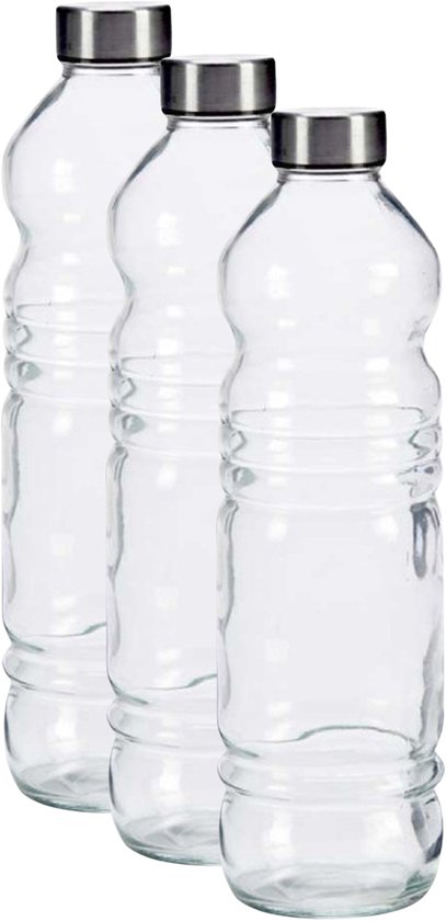 Bouteille d'eau en Verres Vivalto AQUABOOGIE - 3x - bouteille d'eau - bouteille de sport - transparente - avec bouchon en acier inoxydable - 1100 ml