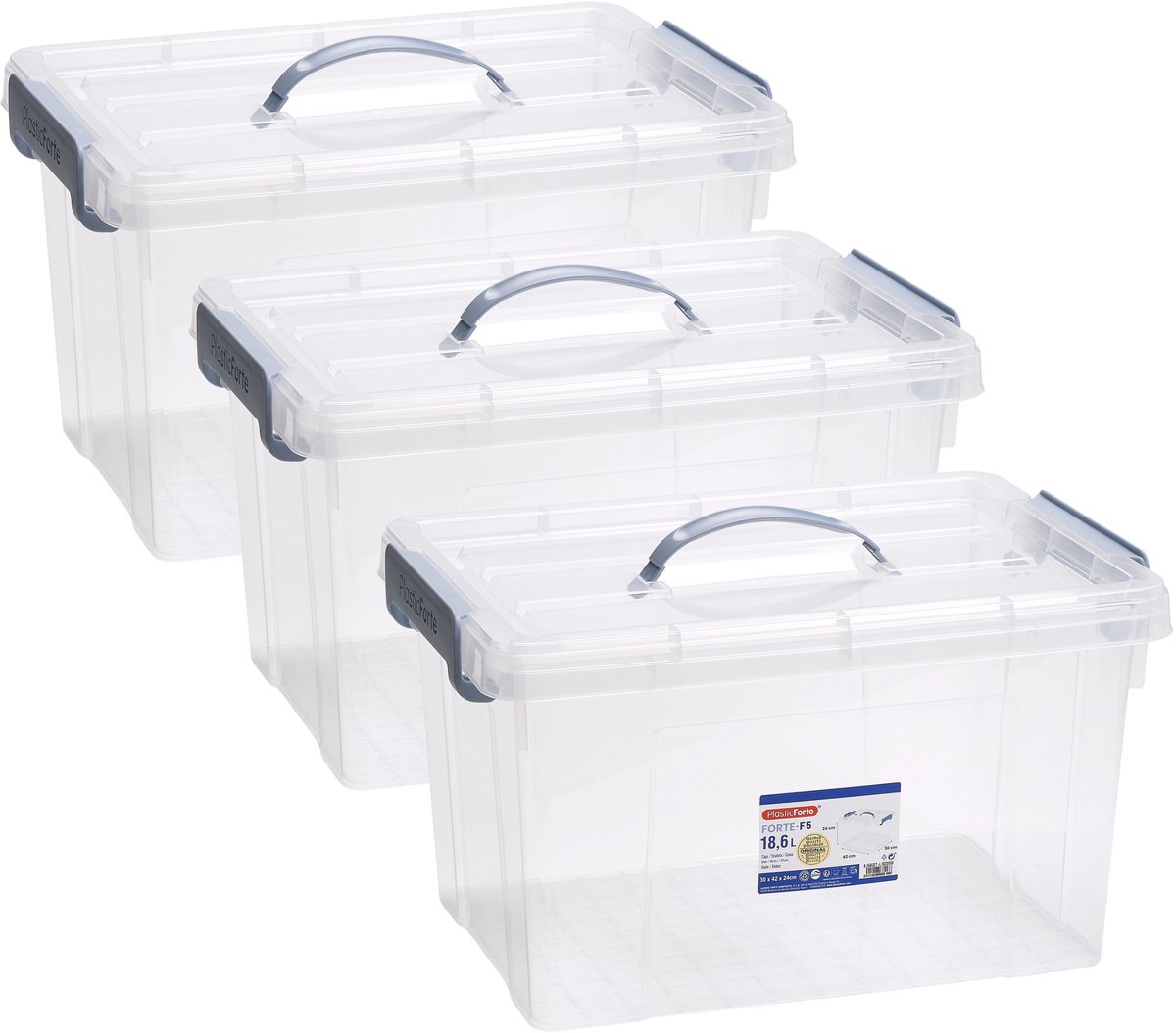 PLASTICFORTE Opslagbox AZUL serie - 3x - met deksel - transparant - 18.5 liter - 42 x 30 x 24 cm - kunststof - opbergdoos - opbergen