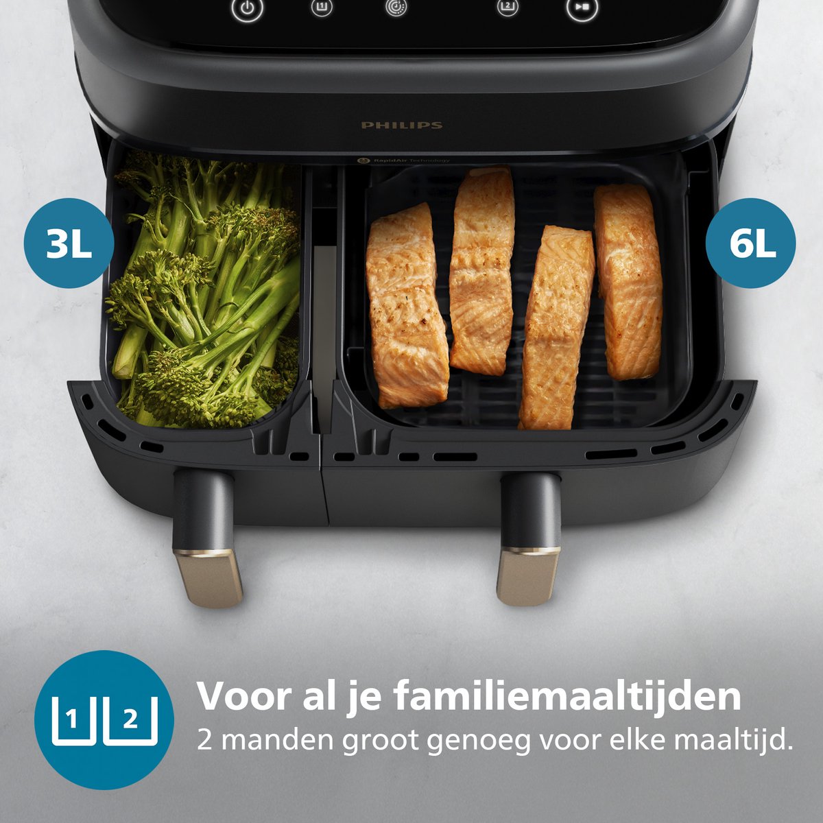 Philips 3000 Series Dual Airfryer - NA351/00 - Dubbele Mand - 9L - Tot 6 Personen - Zwart/Zilver — afbeelding 7