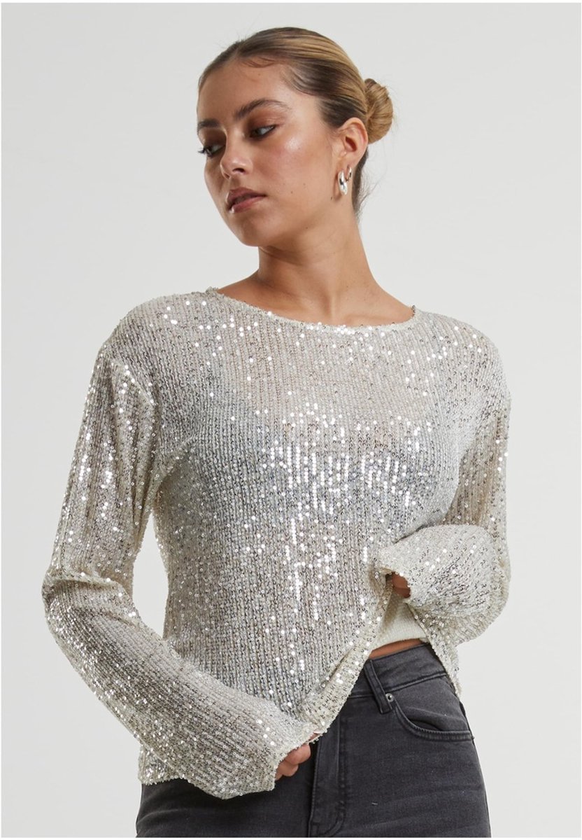 Urban Classics Damestop met pailletten en lange mouwen Shirt met lange mouwen gebroken XL Dames Creme