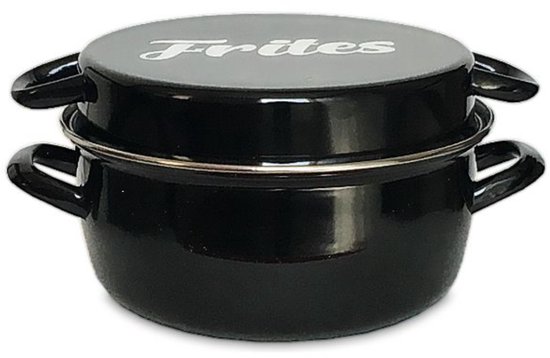 Geëmailleerde friteuse 26 cm zwart met mand en glazen deksel