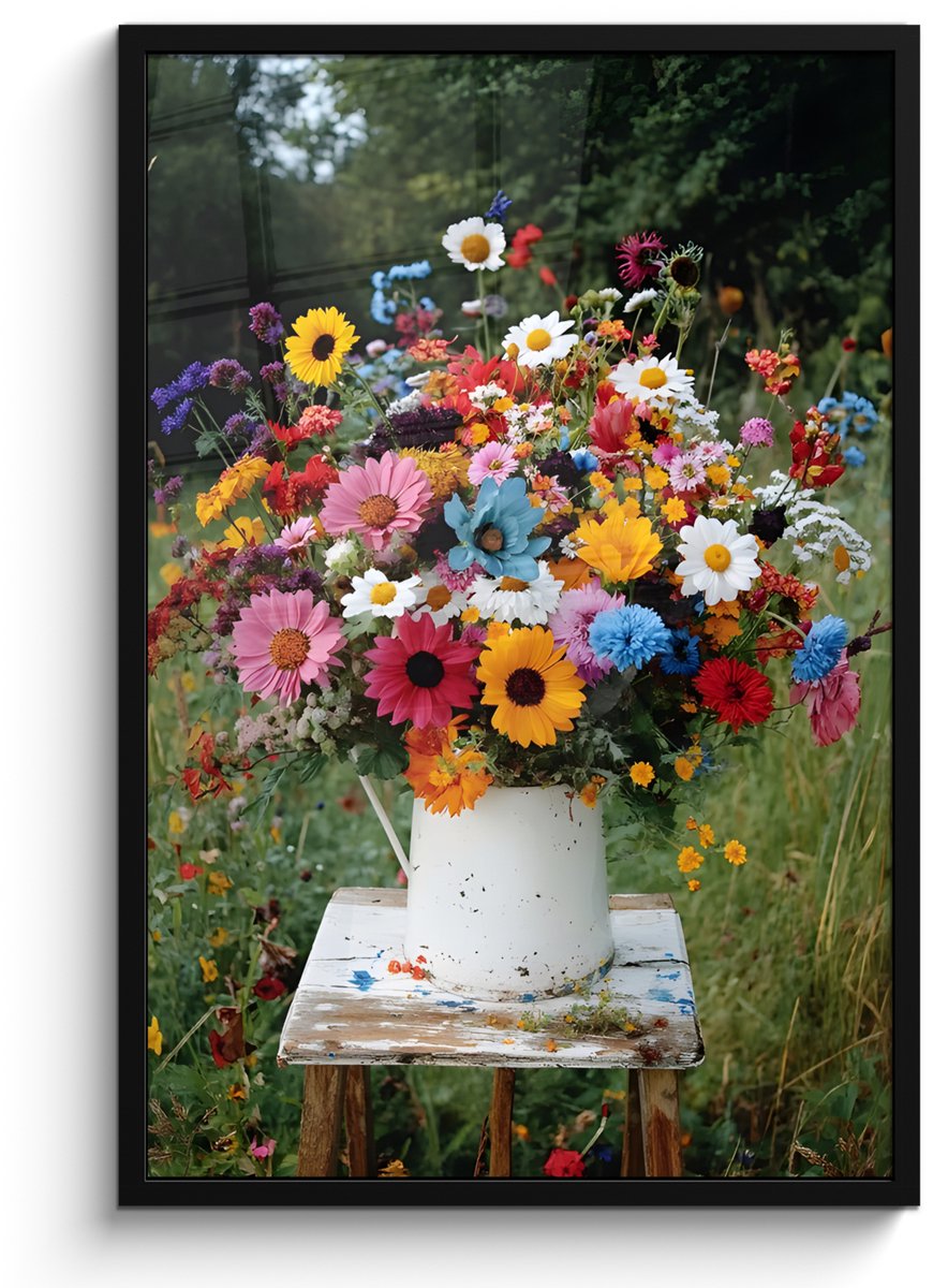 Poster in lijst - Fotolijst 60x90 cm - Posters - Bloemen - Krukje - Gieter - Veld - Poster