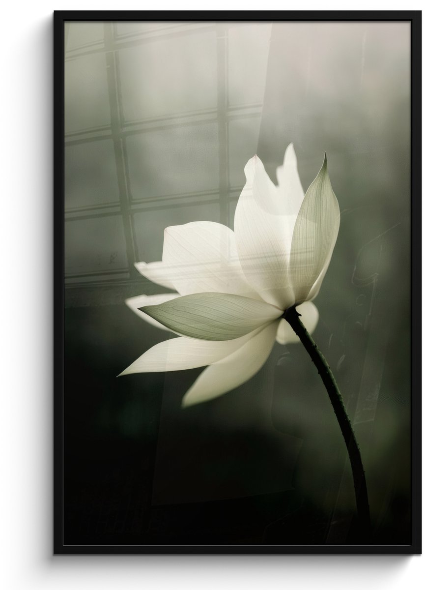 FrameYourWall Poster in lijst - Fotolijst 80x120 cm - Posters - Wit - Lotus - Donker - Bloem - Posterlijst zwart - Decoratie - Wanddecoratie woonkamer - Muurdecoratie slaapkamer Lotus - Bloem