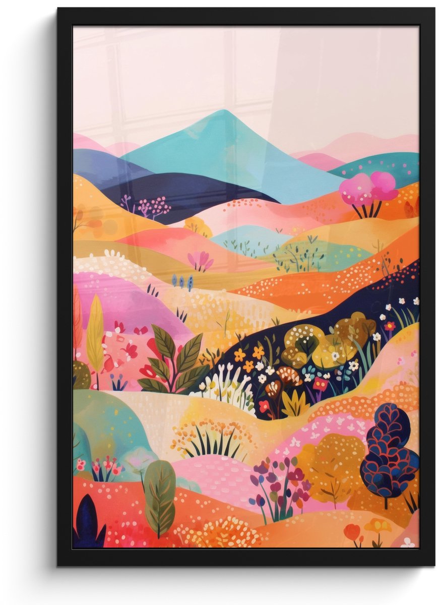FrameYourWall Poster in lijst - Fotolijst 40x60 cm - Posters - Golvende heuvels - Abstracte planten - Dromerig - Posterlijst zwart - Decoratie - Wanddecoratie woonkamer - Muurdecoratie slaapkamer Heuvels - Kleurrijk