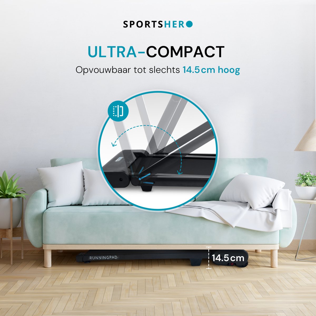 Afbeelding 2 van SPORTSHERO RUNNINGPAD PRO S - Hardloopband - 12 KM/u - Automatische Helling 13% - Zijsteunen