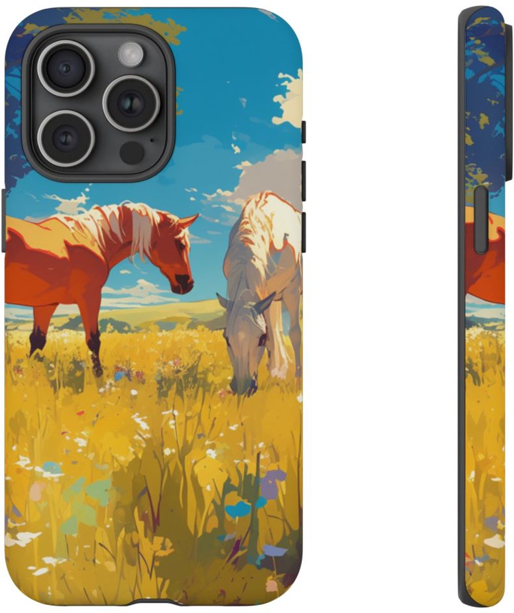Paarden Grazend in Zonnig Veld – Telefoonhoesje Geschikt voor iPhone 15 Pro Max