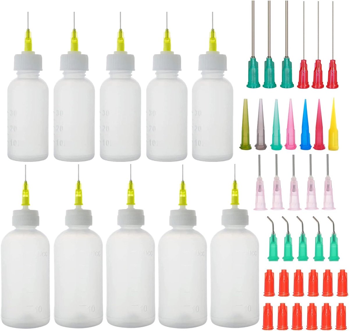 ODOOKON 10 stuks naaldflessen 30/50 ml, precisiepunten, applicatorflessen met 38 stuks doseernaalden en 10 stuks doppen voor navullijm, papierquilling, doe-het-zelf handwerk, tattoo, jam,