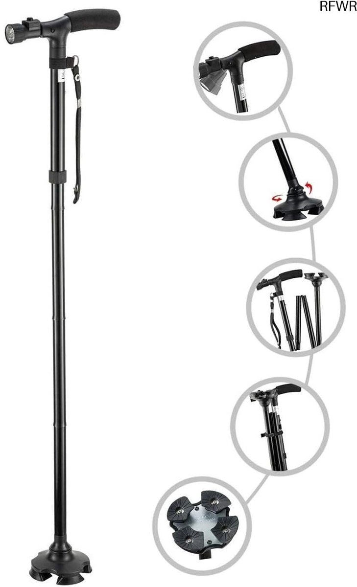 RFWR® Opvouwbare Wandelstok met LED-lamp en Antislip Basis voor Volwassenen