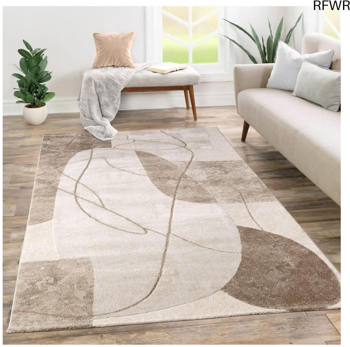RFWR® Laagpolig Tapijt voor Woonkamer - Abstract Geometrisch Patroon - Beige Zand - 120x160 cm