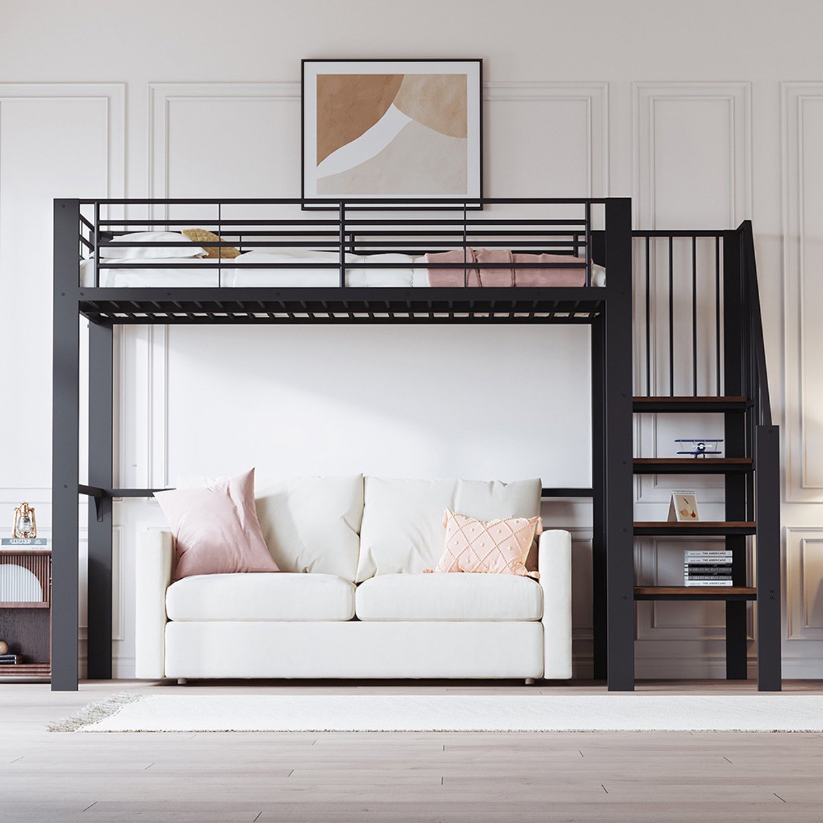 KOMHTOM Hoogslaper 90 x 200 Stabiel metalen frame met ruime opbergruimte onder het bed en trap Ideaal voor kinderen en volwassenen Bed met opbergruimte voor maximale ruimtebenutting Zwart