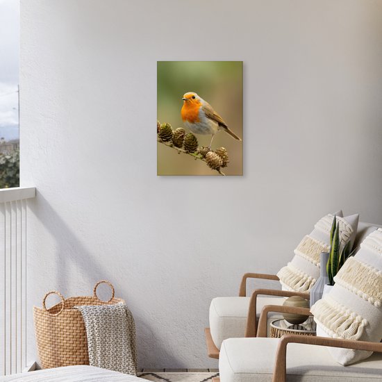 Tuinschilderij voor buiten 50x70 cm - Tuindecoratie Vogel - Roodborstje - Dennenappel - Tak - Herfst - Tuinposter op canvas - Tuin muurdecoratie - Buitenschilderij decoratie - Schutting wanddecoratie - Buitencanvas