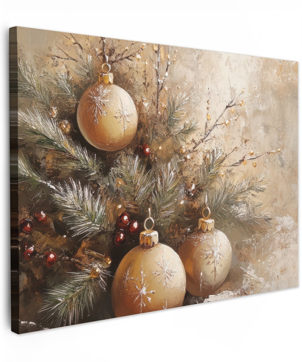 Tuinschilderij met Kerstballen in beige en goud op canvas - Buitendecoratie.