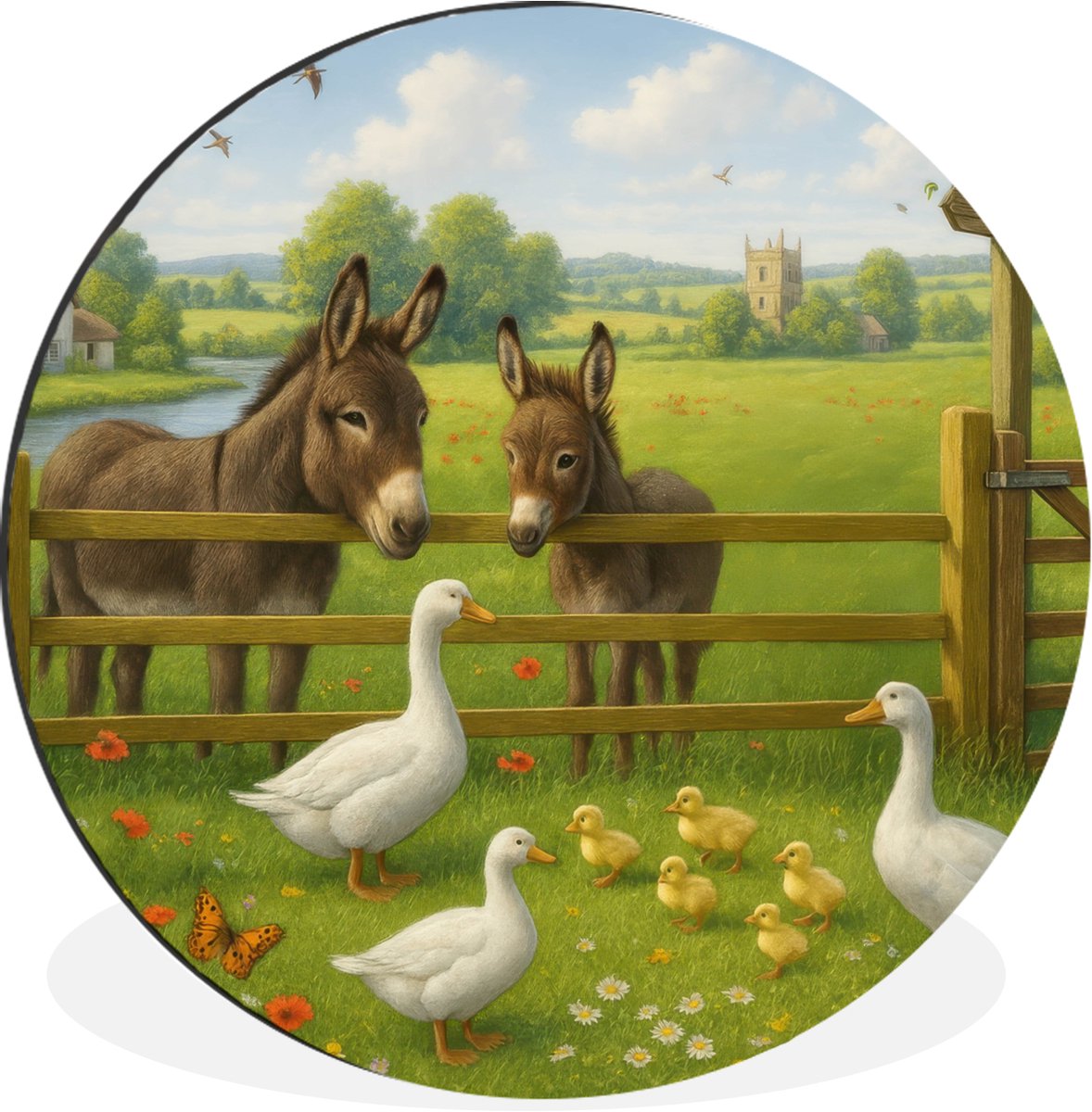 WallCircle Wandcirkel - Muurcirkel - Ezels - Ganzen - Kleurrijk - Aluminium - Dibond - 30x30 cm - Binnen en Buiten