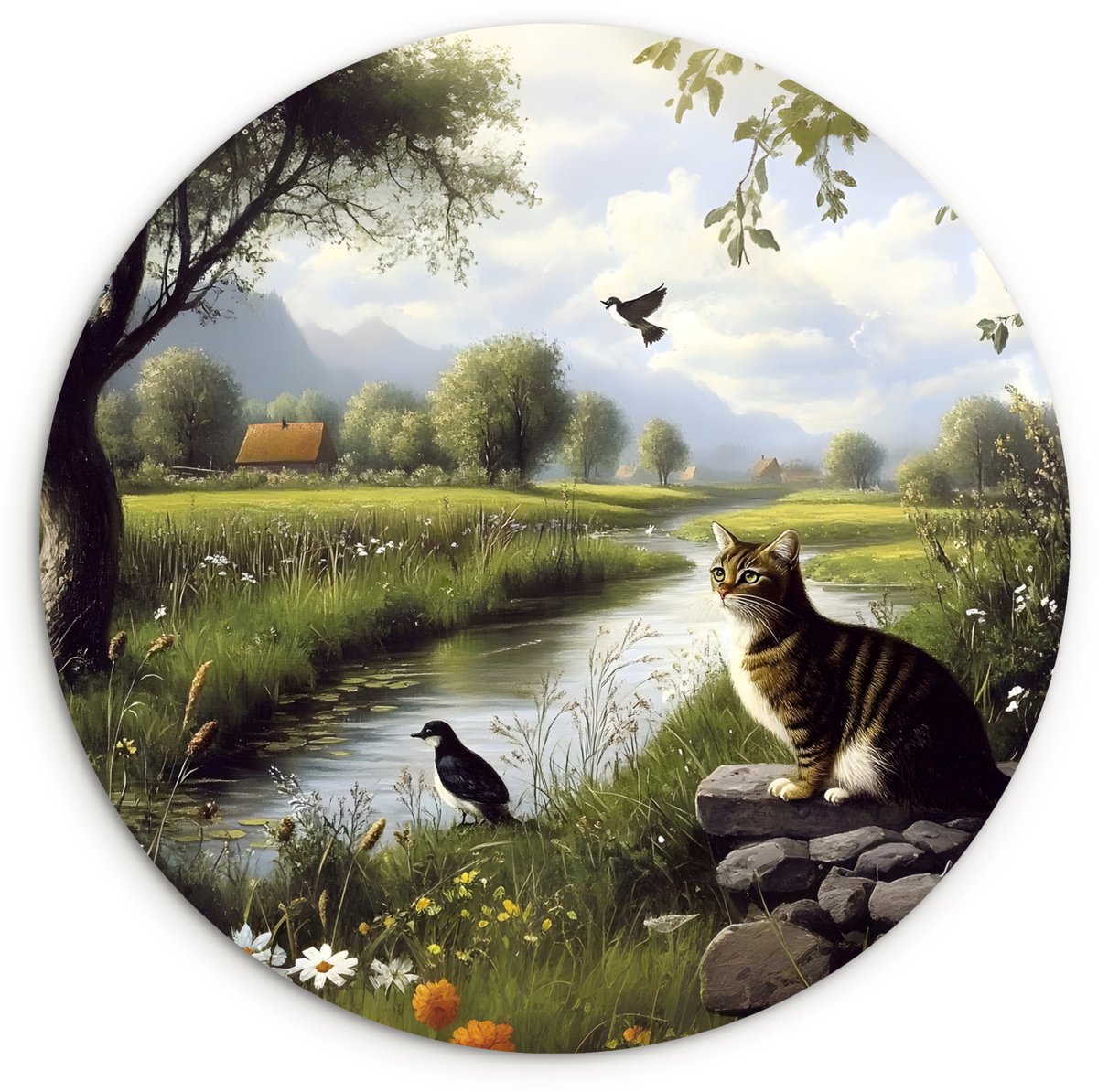 WallCircle Wandcirkel 60x60 cm - Muurcirkel Kat - Beekje - Weide - Muurdecoratie woonkamer - Wanddecoratie slaapkamer - Kamer decoratie accessoires - Ronde schilderijen Kat - Natuur
