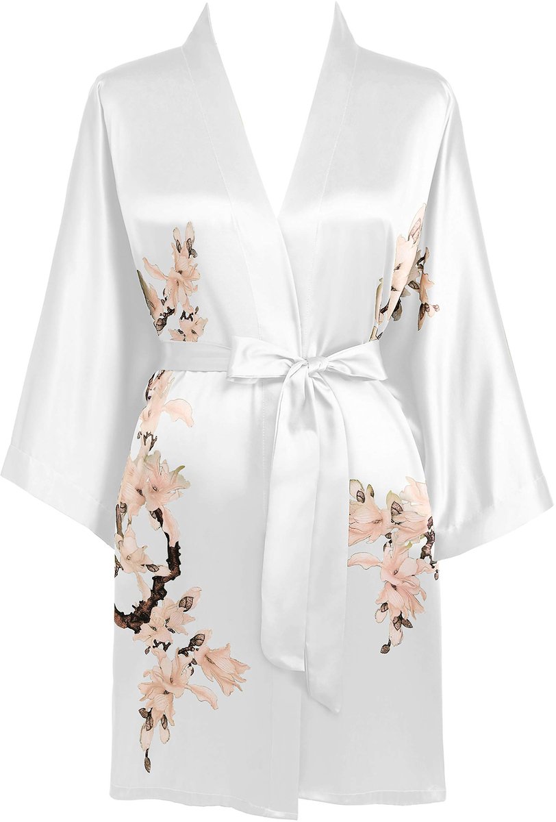 Dames Korte Satijnen Kimono Morgenjas - Met Bloemenprint - Voor de Zomer - Wit