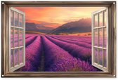 Tuinposter 120x80 cm - Tuindecoratie Doorkijk - Lavendel - Landschap - Bloemen - Paars - Poster voor in de tuin - Buiten decoratie - Schutting tuinschilderij - Tuindoek muurdecoratie - Wanddecoratie balkondoek