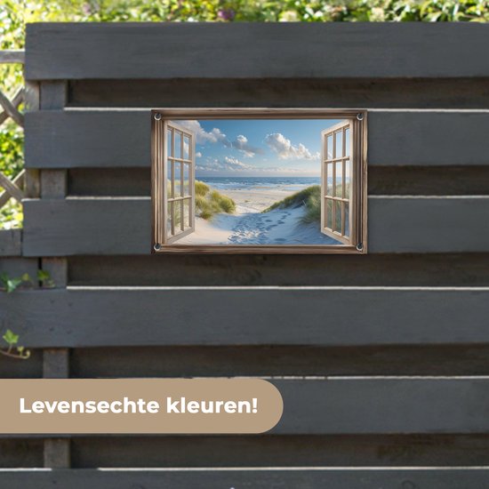 Affiche de jardin 60x40 cm - Décoration de jardin Vue - Plage - Fenêtre - Dunes - Mer - Affiche pour le jardin - Décoration extérieure - Tableau de jardin clôture - Décoration murale sur toile de jardin - Décoration murale sur toile de balcon