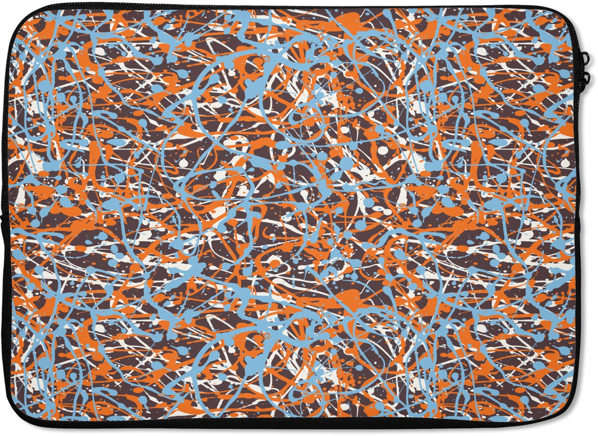 Laptophoes 14 inch - Blauw - Waterverf - Chaos - Laptop sleeve - Binnenmaat 33x23 cm - Zwarte achterkant