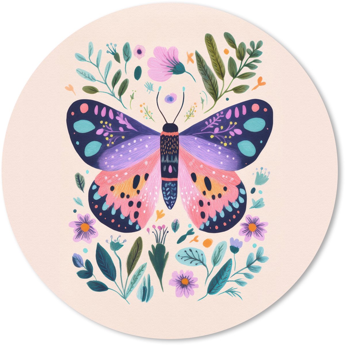 Muismat rond 30x30 cm - Mousepad Bloemen - Bladeren - Vlinder - Kleurrijk - Ronde muismatten