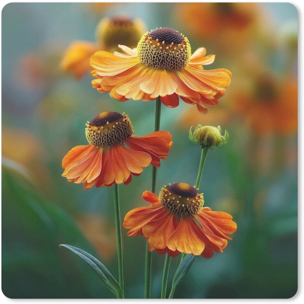 Muismat 30x30 cm - Mousepad Oranje bloemen - Levendig - Wazige achtergrond - Muismatten
