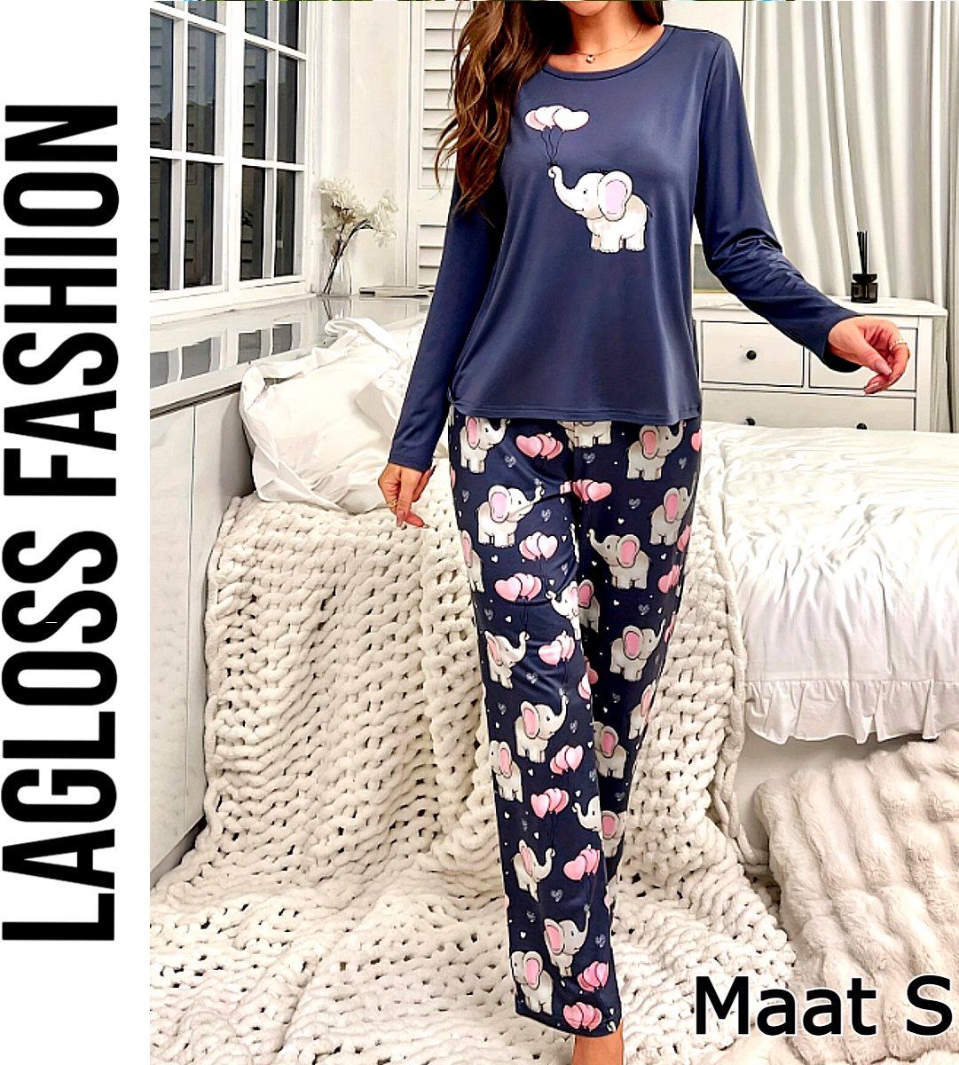 LaGloss® Dames Pyjama Set met Schattige Olifanten – Zacht Lounge- & Huispak Lange Mouwen All Season – Maat S