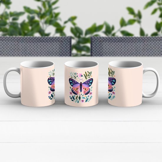 Mok - Koffiemok - Bloemen - Bladeren - Vlinder - Kleurrijk - Mokken - 350 ML - Beker - Koffiemokken - Theemok