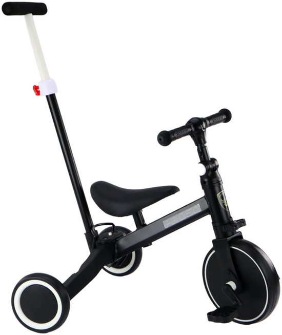 Playos® - 3 in 1 Loopfiets - met Duwstang - Zwart - Verstelbaar - Driewieler - Fiets - Kinderfiets - Cadeau - Speelgoed