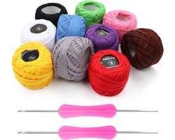 Kurtzy 10 Ballen Kleurrijk Haakgaren – 2 Haaknaalden Inbegrepen (1mm & 2mm) – Elke Draad Bal Weegt 20gr. – Totaal 1500m Kleurrijk Katoen Garen