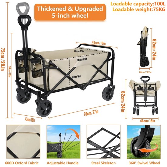 Rumi Bolderkar opvouwbaar - bolderkar - 180KG Draagkracht - bolderkar Draaibare Wielen - Met grote capaciteit bolderkar - Campingwagen Dikke wielen kar - Opvouwbare winkelwagentje voor boodschappen van Merkloos — afbeelding 4