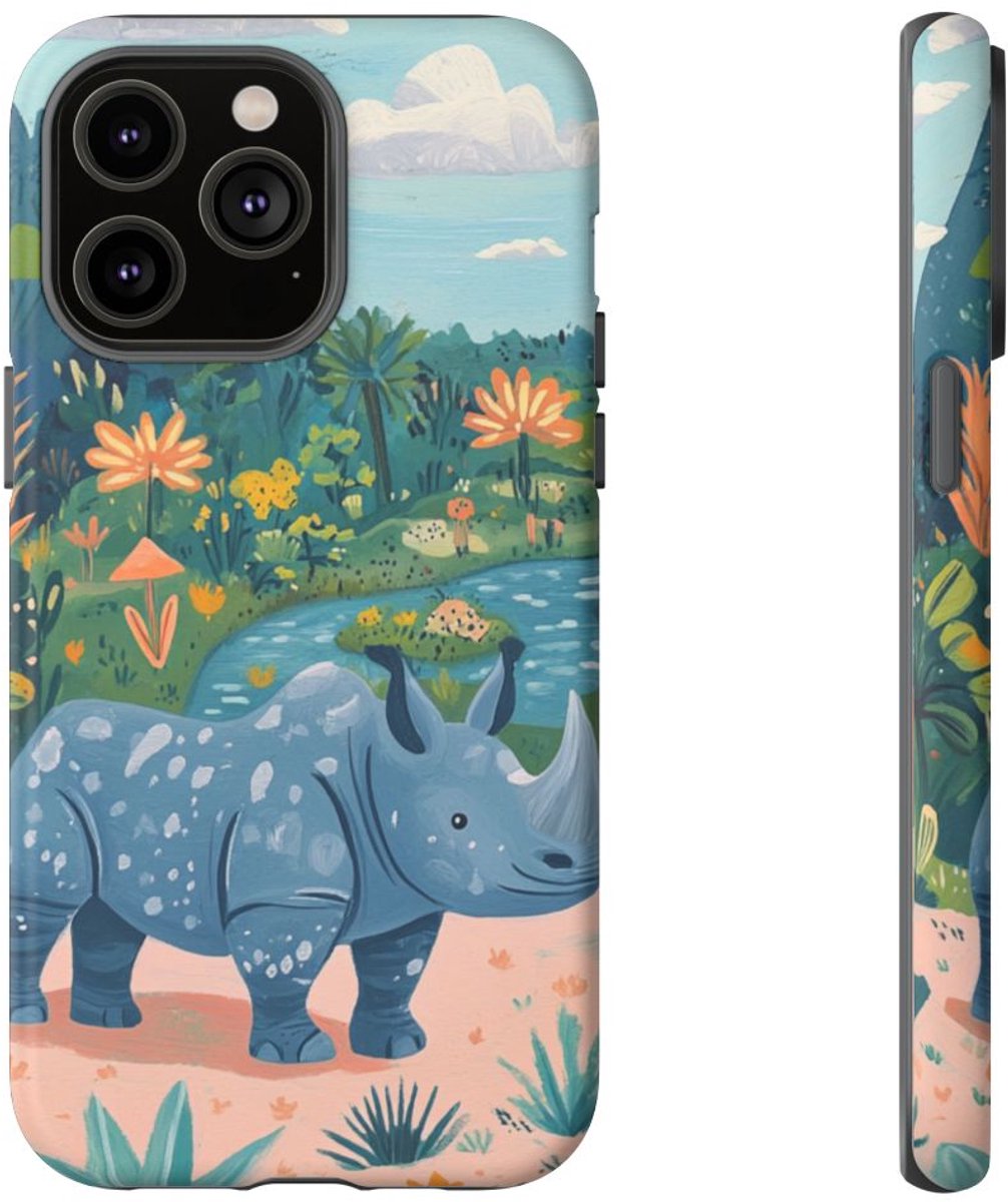Blauwe Neushoorn Illustratie – Telefoonhoesje Geschikt voor iPhone 14 Pro Max