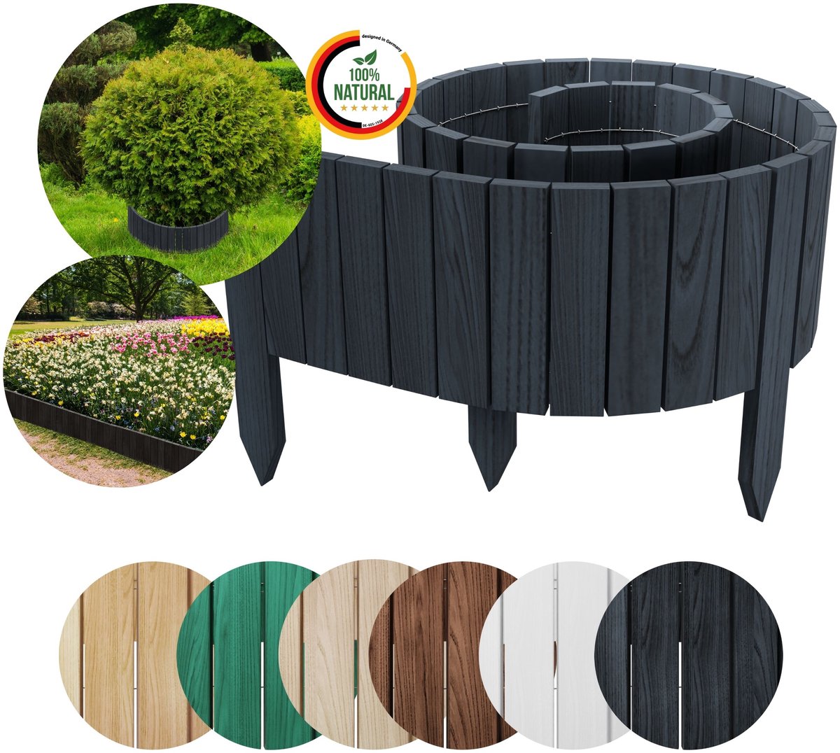 Monucep Bloembedomranding, hout, 10 x 200 cm, flexibele gazonrand van hout voor tuin, bloembedden en gazons, maairand, rolboord, steekhek voor bloembedden, antraciet, hoogte 10 cm