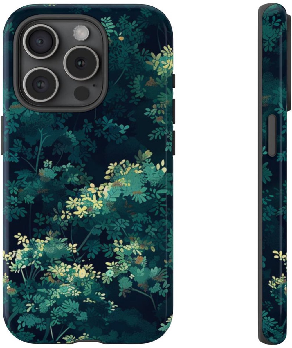 Donkergroen Bladerpatroon – Telefoonhoesje Geschikt voor iPhone 15 Pro