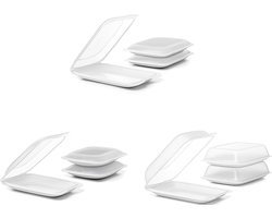 TATAY Vleeswarendozen voor de koelkast | 9 stuks: 3 standaard + 3 mini + 3 maxi | Stapelbare voedselcontainers met deksel | Geschikt voor vriezer, magnetron en vaatwasser | BPA-vrij, wit