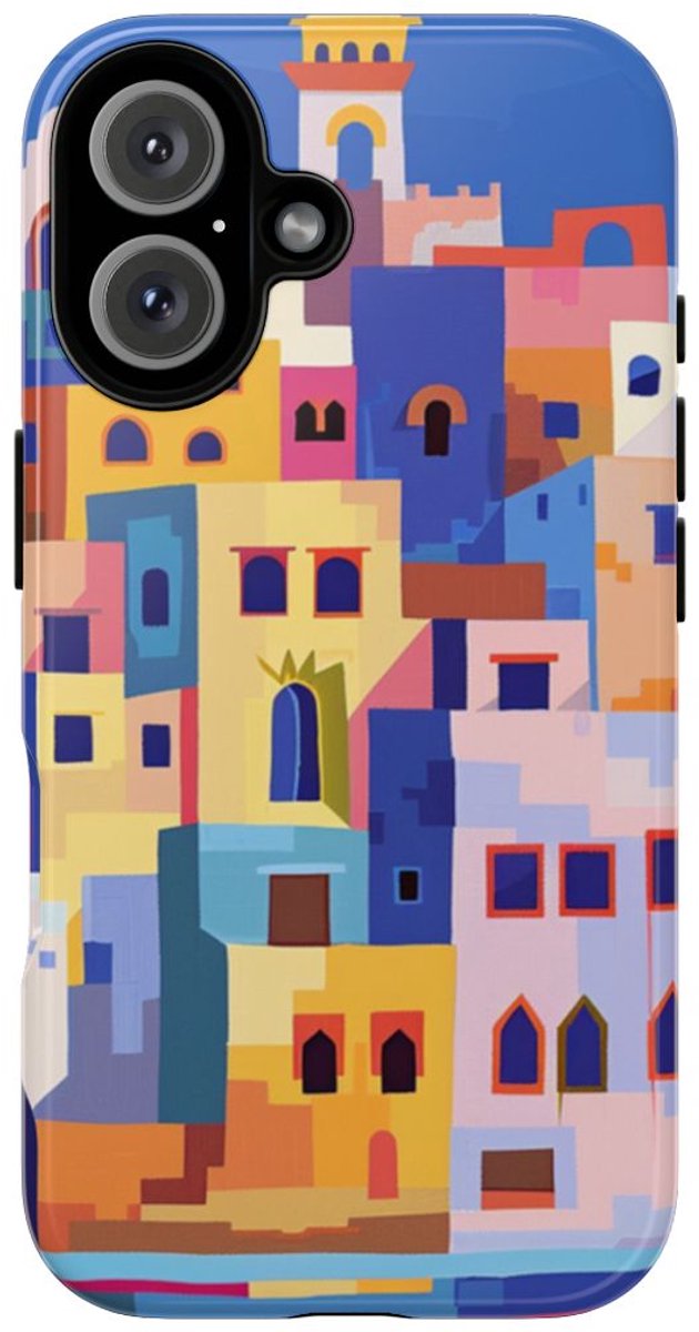Kleurrijke Illustratie van een Kuststad – Telefoonhoesje Geschikt voor iPhone 16