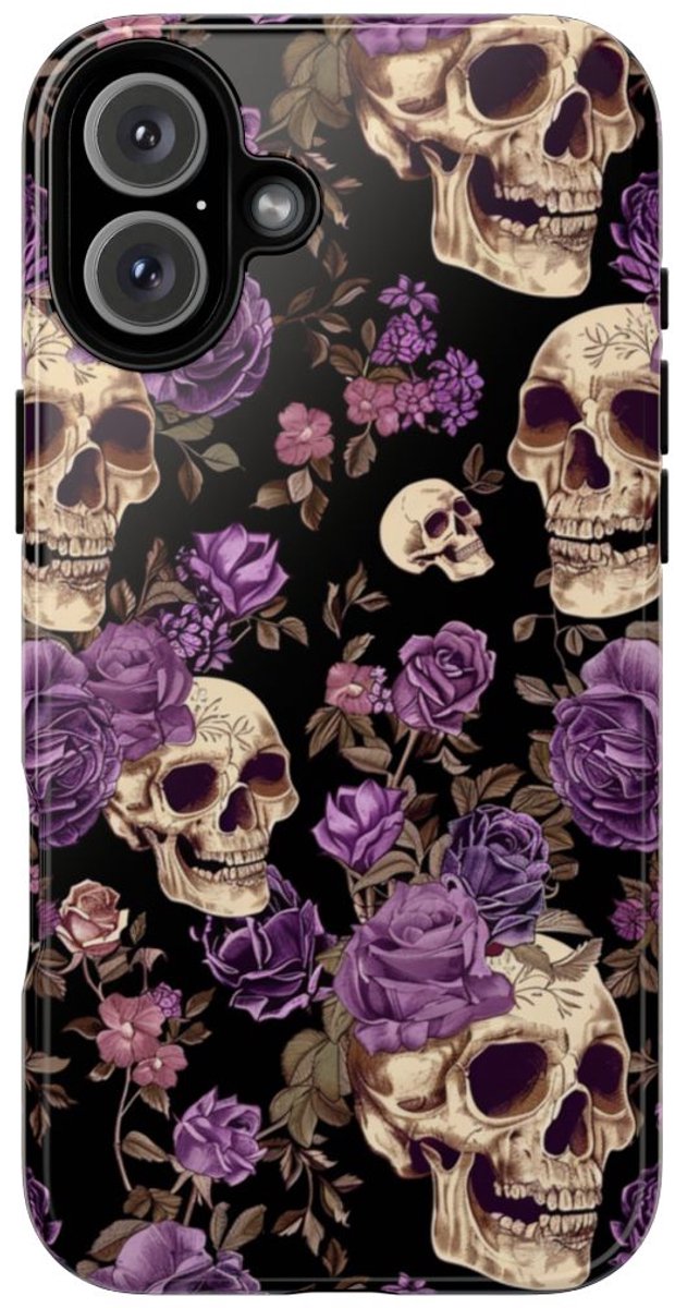 Paarse Rozen en Schedels Patroon – Telefoonhoesje Geschikt voor iPhone 16 Plus