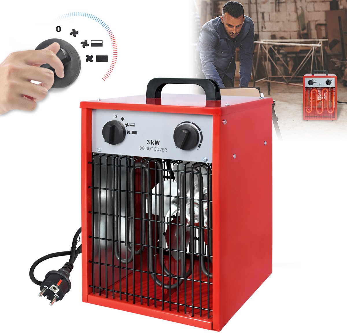 3KW ventilatorkachel elektrische kachel industriële elektrische kachel 3 verwarmingsstanden elektrische kachel ventilator kachel overbelastingsbeveiliging thermostaat kachel ventilator voor binnen- en buitengebruik 220-240V netspanning - Rood