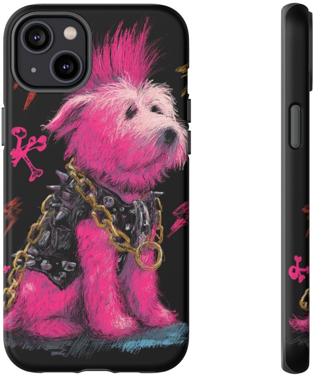 Punk Hond met Roze Hanenkam Illustratie – Telefoonhoesje Geschikt voor iPhone 14 Plus