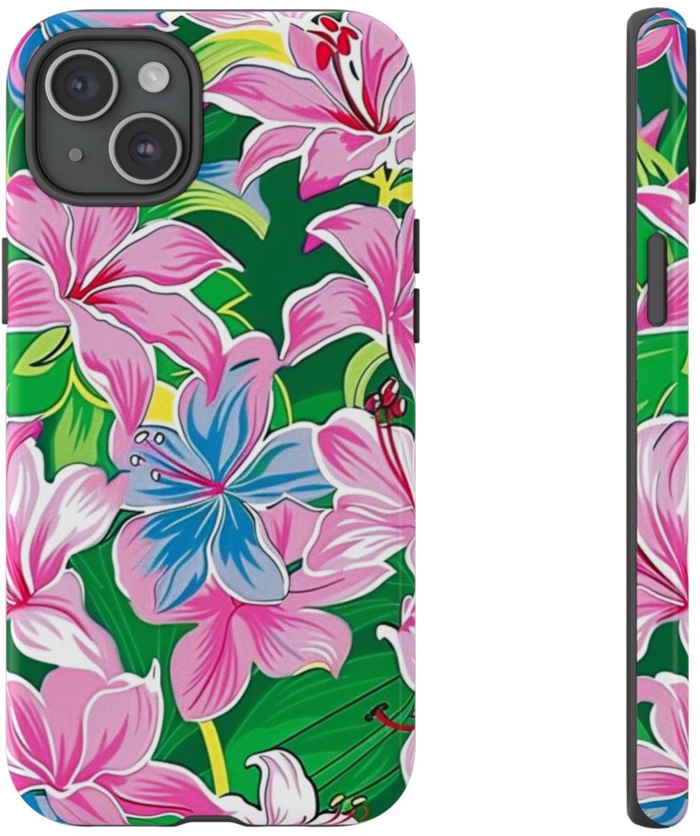 Roze en Blauwe Bloemenprint – Telefoonhoesje Geschikt voor iPhone 15 Plus