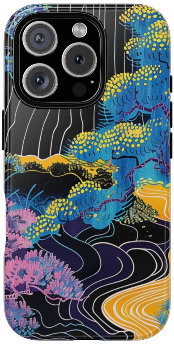Kleurrijke Abstracte Bomen en Rivier – Telefoonhoesje Geschikt voor iPhone 16 Pro